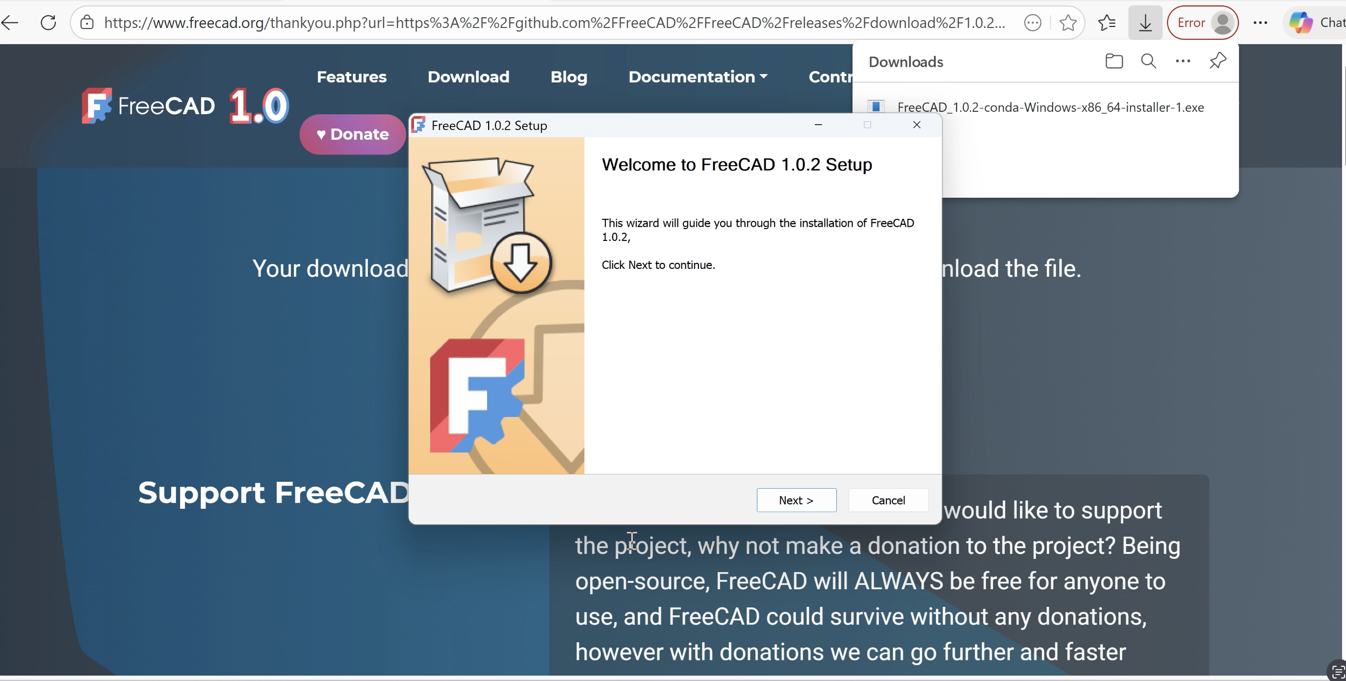 FreeCADのインストールウィザード画面。FreeCADのロゴと「FreeCAD Setup」のタイトルが表示され、インストール設定画面が開かれている。オープンソースのパラメトリックCADソフトウェアとしてのFreeCADをWindowsにインストールするための画面で、インストールオプションや機能選択の設定項目が表示されている状態