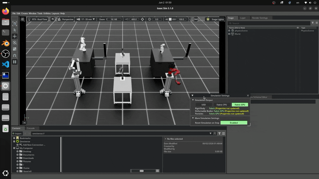 Isaac Lab arms デモ:複数のロボットアームが同時にシミュレーションされる様子