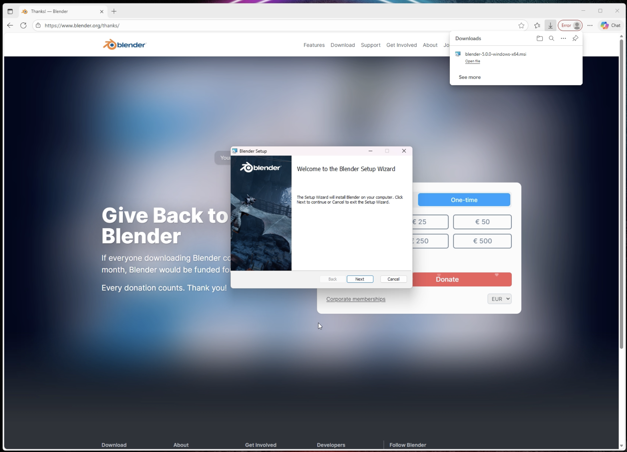 Blenderのインストールウィザード画面。Blenderのロゴと「Blender Installer」のタイトルが表示され、インストール設定画面が開かれている。オープンソースの3Dモデリング・アニメーションソフトウェアとしてのBlenderをWindowsにセットアップするための画面で、インストール先の指定やコンポーネント選択などの設定項目が表示されている状態