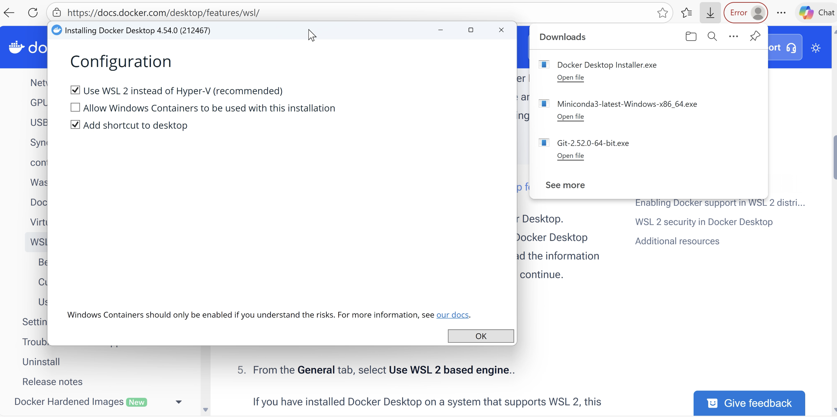 Docker Desktopの設定画面でWSL2をコンテナバックエンドとして使用する設定画面。左側にSettingsメニューが表示され、右側にはGeneral設定タブが開かれている。「Use the WSL 2 based engine」のチェックボックスが有効になっており、WSL2をDockerのコンテナランタイムとして使用する設定が確認できる状態