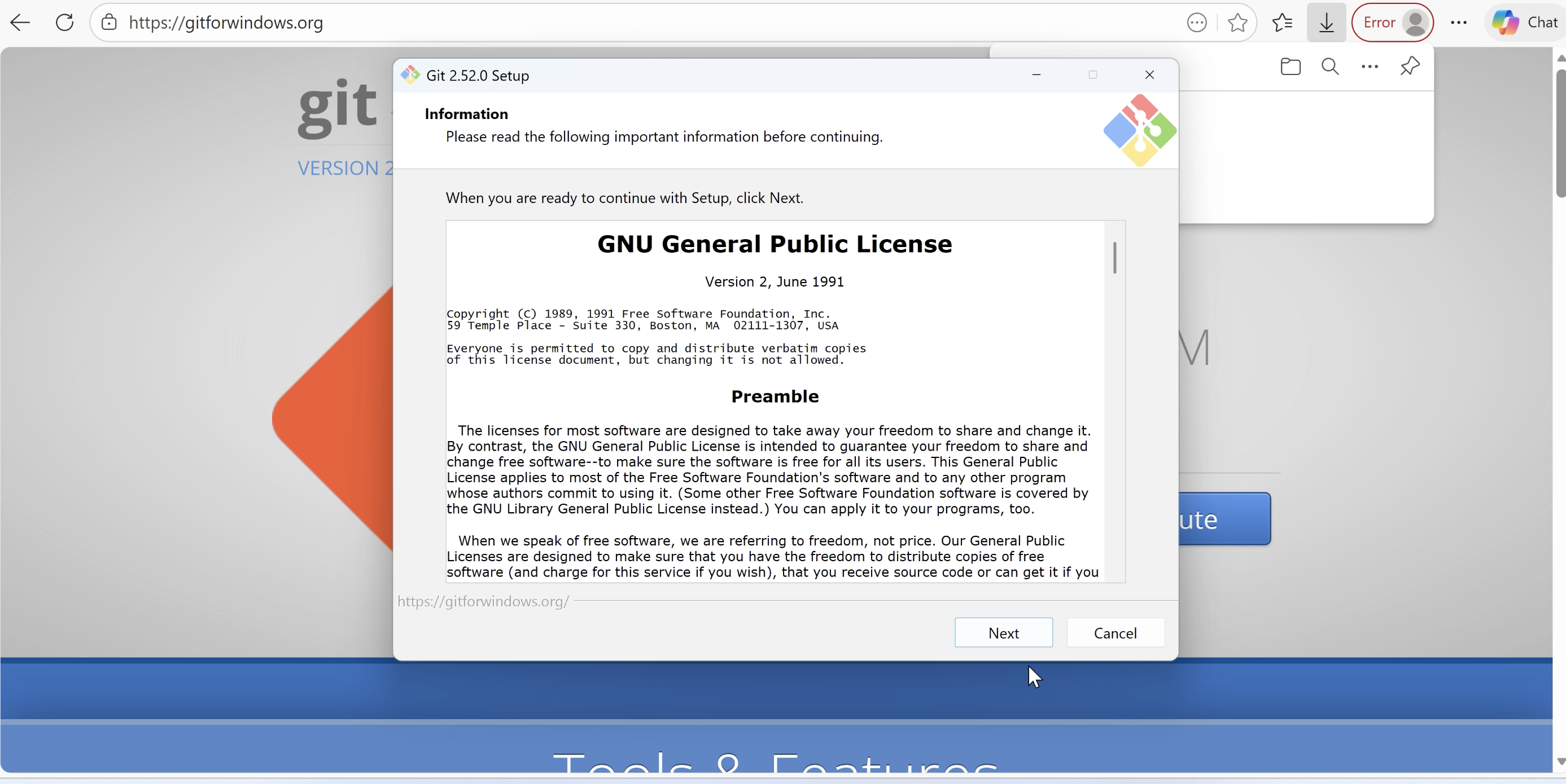 Git for Windowsのインストールウィザード画面。Gitのロゴと「Git for Windows Setup」のタイトルが表示され、インストールオプションの選択画面が開かれている。バージョン管理システムとしてのGitをWindows環境で使用するためのセットアップ画面で、インストール先フォルダの指定やコンポーネント選択などの設定項目が表示されている