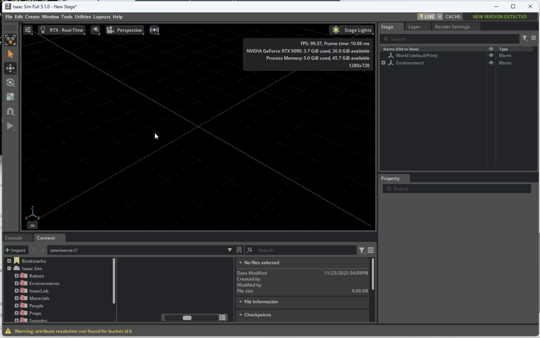 NVIDIA Isaac Simのメイン画面。上部にメニューバーとツールバーが配置され、中央には3Dビューポートが表示されている。画面左側にはContent Browserパネル、右側にはProperty Panelが配置されたダークテーマのインターフェース。ビューポート内にはデフォルトのグリッド表示とライティングが設定されており、3Dシミュレーション環境の準備が完了した状態