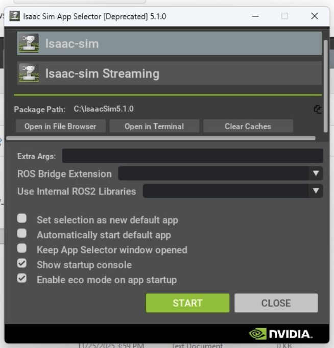 Isaac Simのアプリケーションセレクター画面。左側にはIsaac Simのロゴとアプリケーションリストが表示されており、「isaac-sim」が選択された状態。右側にはアプリケーションの詳細情報とStartボタンが配置されている。ダークテーマのインターフェースでNVIDIA Omniverseのランチャーデザインが採用されている