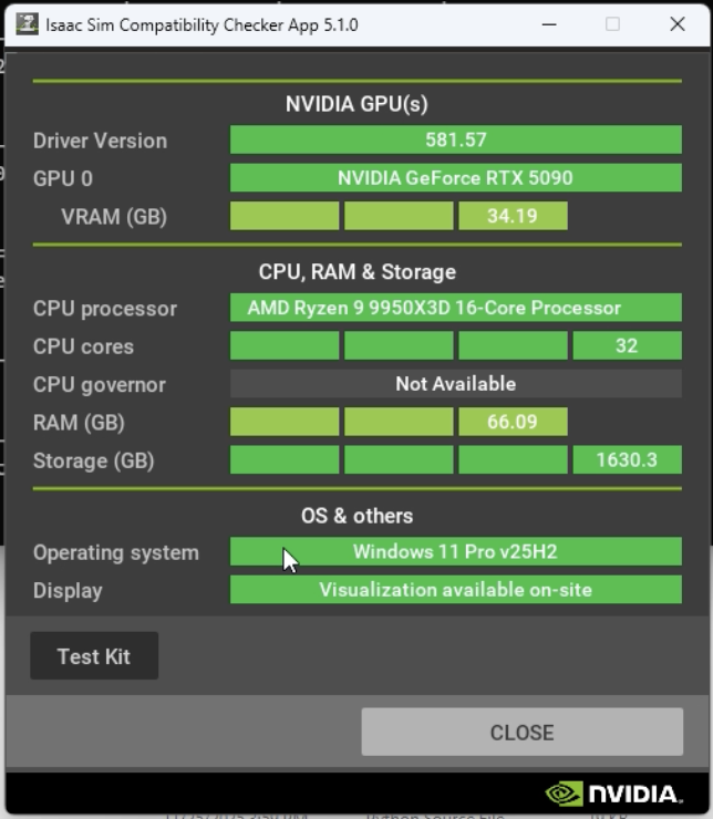 Isaac Simの互換性チェッカー実行結果画面。コマンドプロンプト上でissac-sim.compatibility_check.batを実行した後の結果が表示されており、「SUCCESS」メッセージとともにシステム要件の検証が完了したことを示している。各項目のチェック結果が一覧で表示されている状態