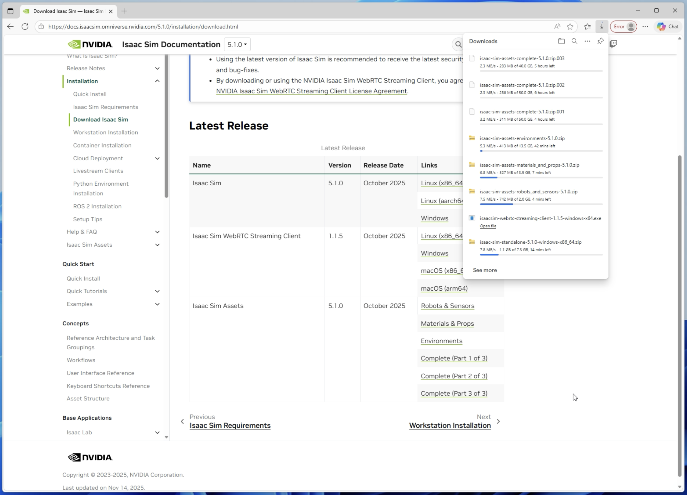 Isaac Simの公式ダウンロードページ。NVIDIA Omniverseサイト内でIsaac Simのダウンロードオプションが表示されており、本体、互換性チェッカー、アセット、WebRTCクライアントなど複数のコンポーネントのダウンロードリンクが一覧で配置されている状態