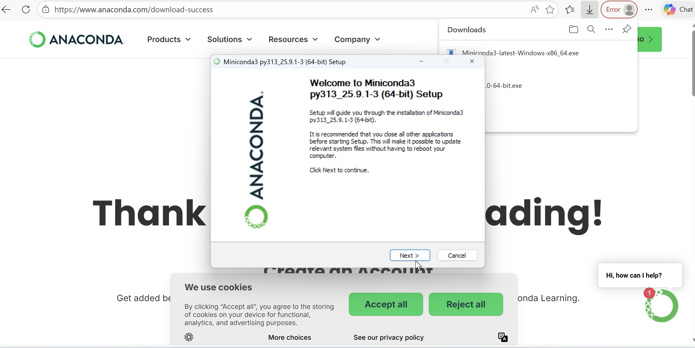 Minicondaのインストールウィザード画面。Anacondaのロゴと「Miniconda3 Setup」のタイトルが表示され、インストール設定画面が開かれている。プロジェクト別のPython環境管理ツールとしてのMinicondaをWindowsにインストールするためのセットアップ画面で、インストール先の選択やパッケージ管理の設定オプションが表示されている