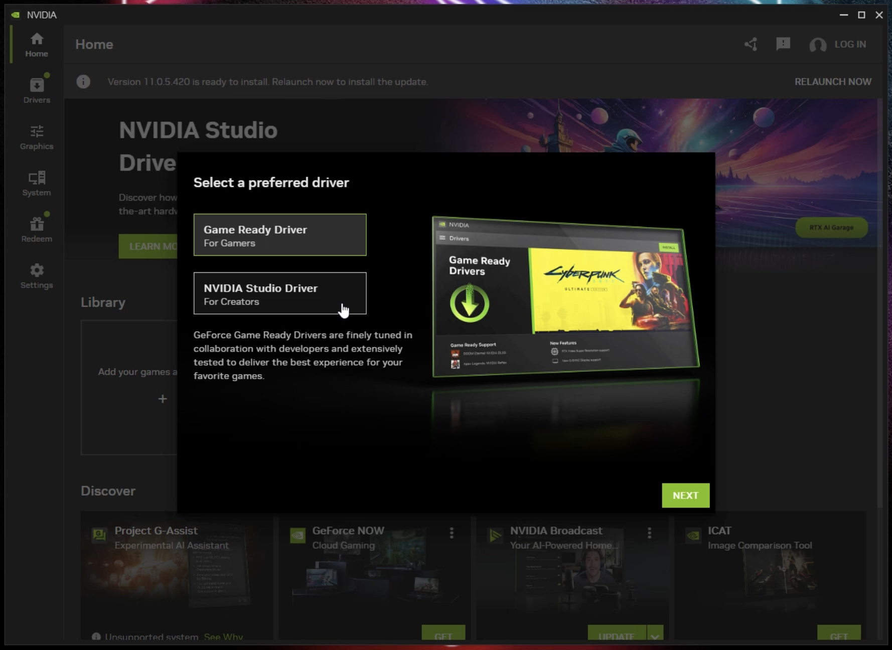 NVIDIA Appのドライバー選択画面。Game Ready DriverとNVIDIA Studio Driverの2つのオプションが表示されており、NVIDIA Studio Driverが選択されている状態。各ドライバーの説明とともにインストールオプションが示されている