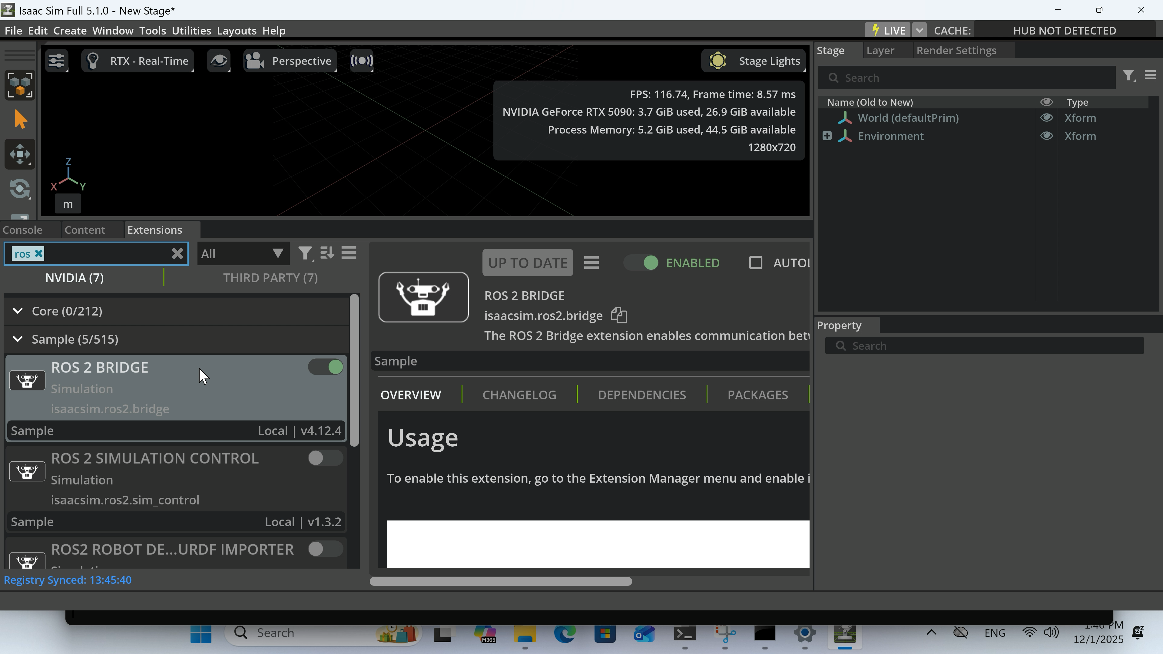 Isaac SimのExtensions管理画面。「Window > Extensions」メニューから開かれたExtensionsウィンドウが表示されており、インストール済み拡張機能の一覧が表示されている。画面内で「omni.isaac.ros2_bridge」拡張機能が有効（Enabled）状態になっていることが確認でき、Isaac SimとROS2の連携が正常に設定されていることを示している状態