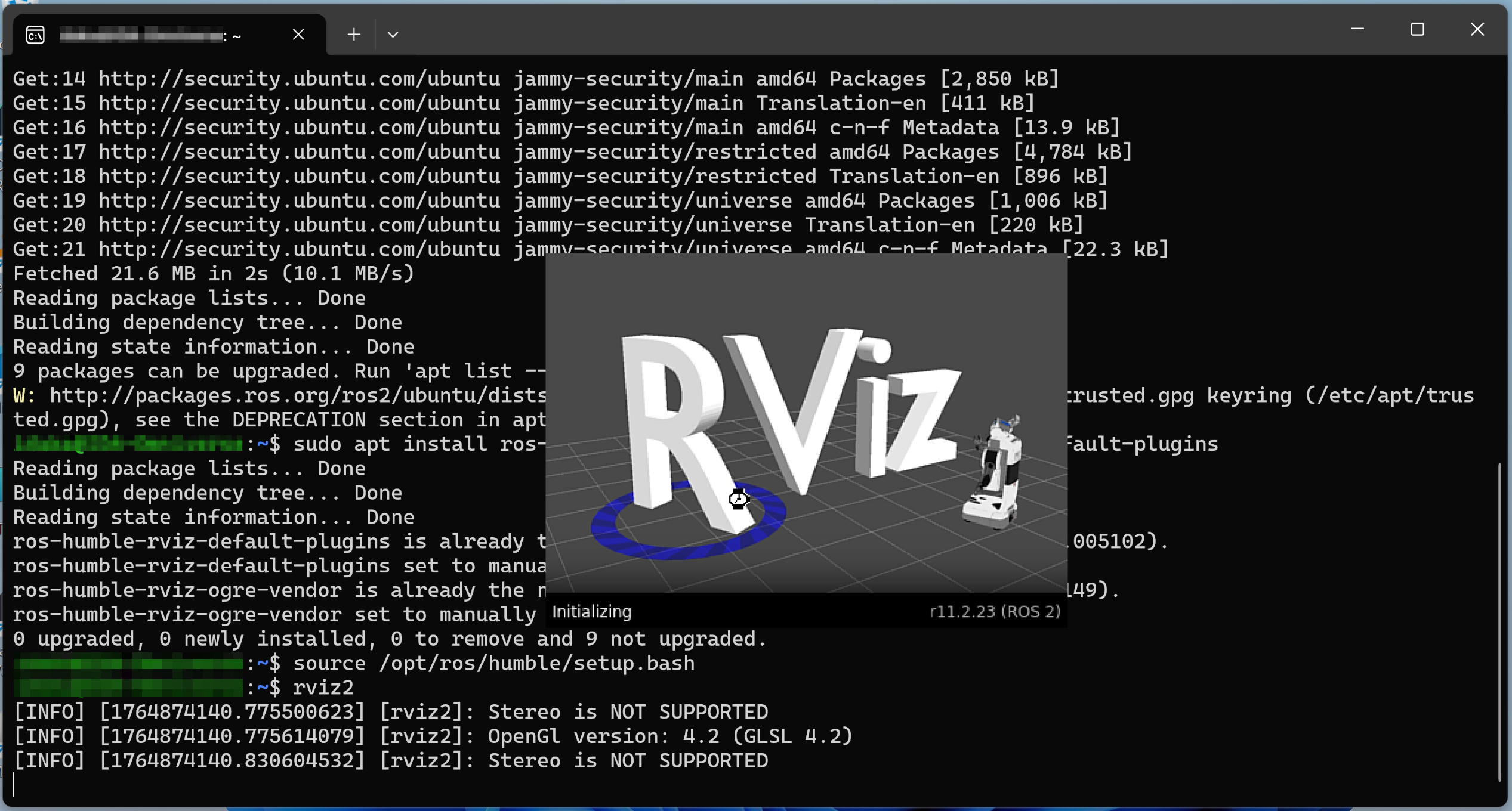 WSL上のUbuntuターミナルでrviz2を起動している画面。「rviz2」コマンドを実行した結果、ROS2の3D可視化ツールであるRviz2が正常に起動していることを示すターミナル出力が表示されている。ROS2 HumbleでのRviz2インストールと動作確認が完了したことを示している状態