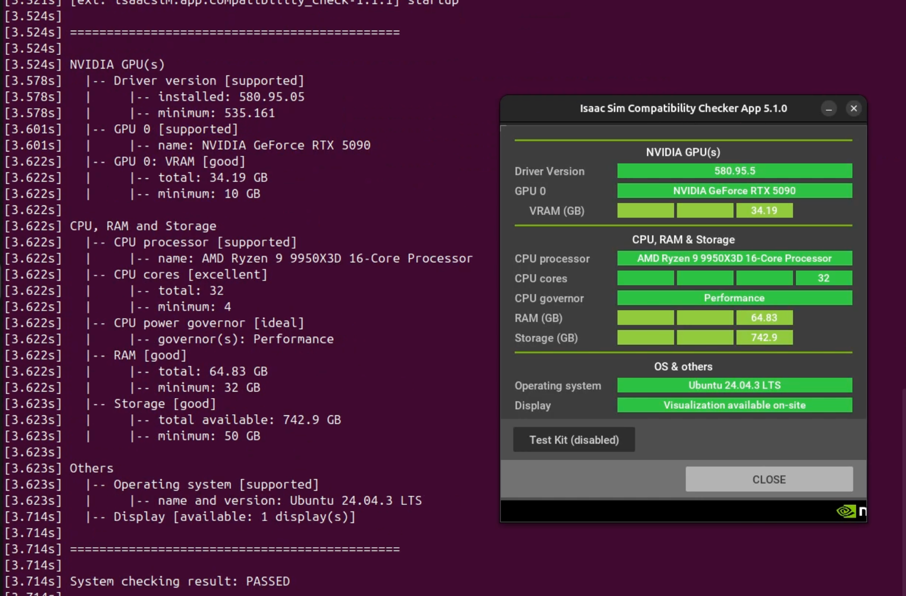 Isaac Sim互換性チェック実行結果。システム要件、GPUドライバ、Pythonバージョン、依存関係などの互換性テストが正常に完了したことを示している