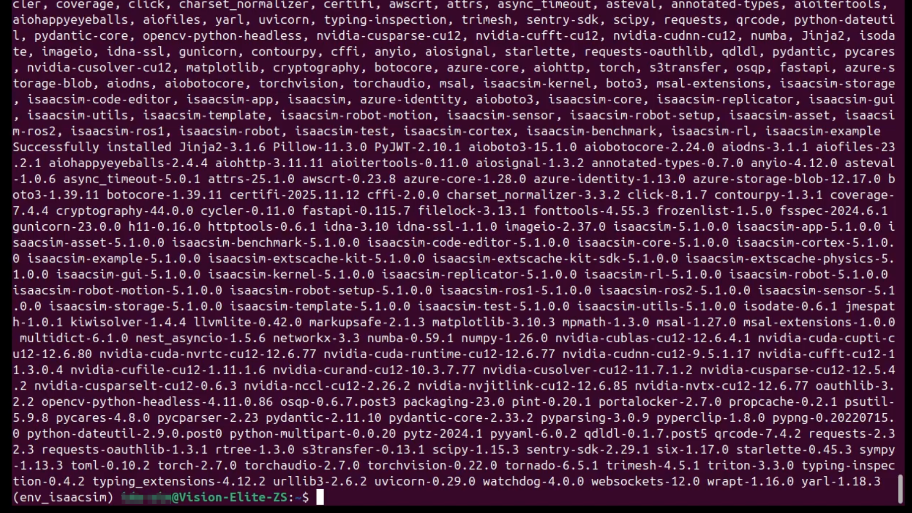 Isaac Simインストール完了画面。全パッケージのインストールが成功し、インストールサイズと実行時間の統計情報が表示されている