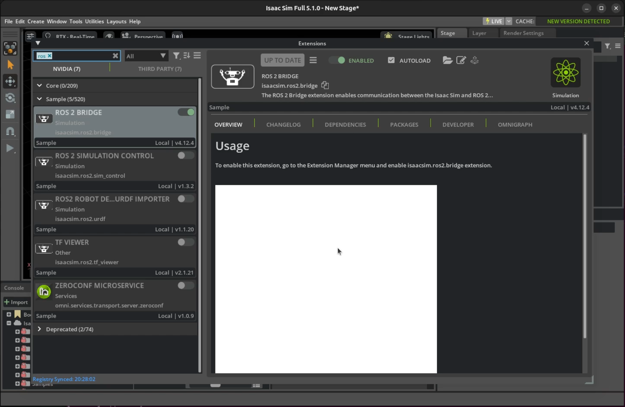 Isaac SimのROS 2 Bridge拡張機能有効化確認画面。Extensionsウィンドウで「ROS 2 Bridge」拡張機能が正常に有効化され、Isaac SimとROS 2の連携が準備完了していることが表示されている