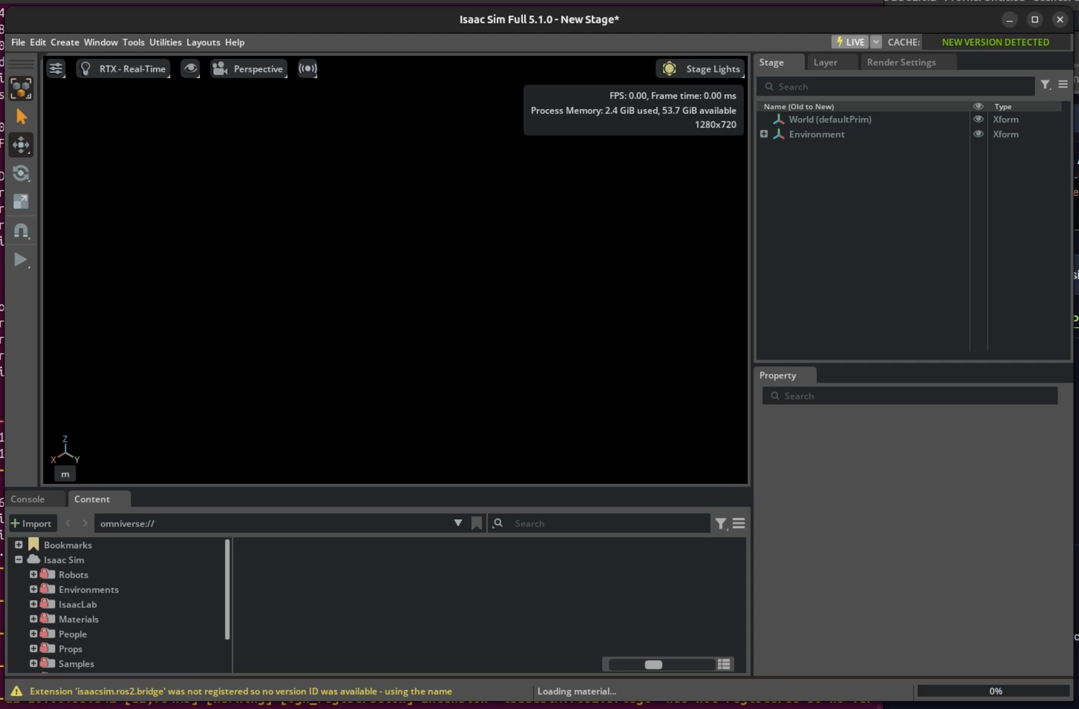 Isaac Sim起動画面。アプリケーションのメインウィンドウが表示され、Omniverseライブラリ、シーン作成オプション、拡張機能設定などの初期設定画面が表示されている