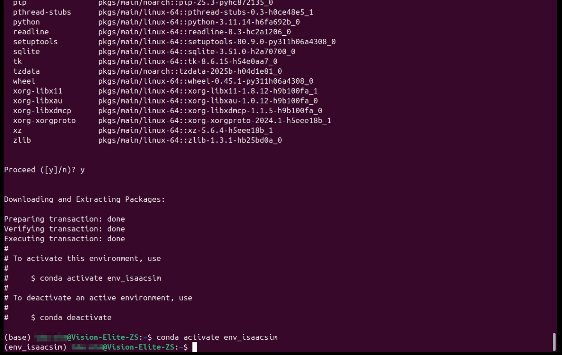 conda環境の作成とアクティベーション実行画面。env_isaacsim環境の作成、Pythonパッケージのインストール確認、環境のアクティベーション後にプロンプトが(env_isaacsim)に変わっている様子が表示されている