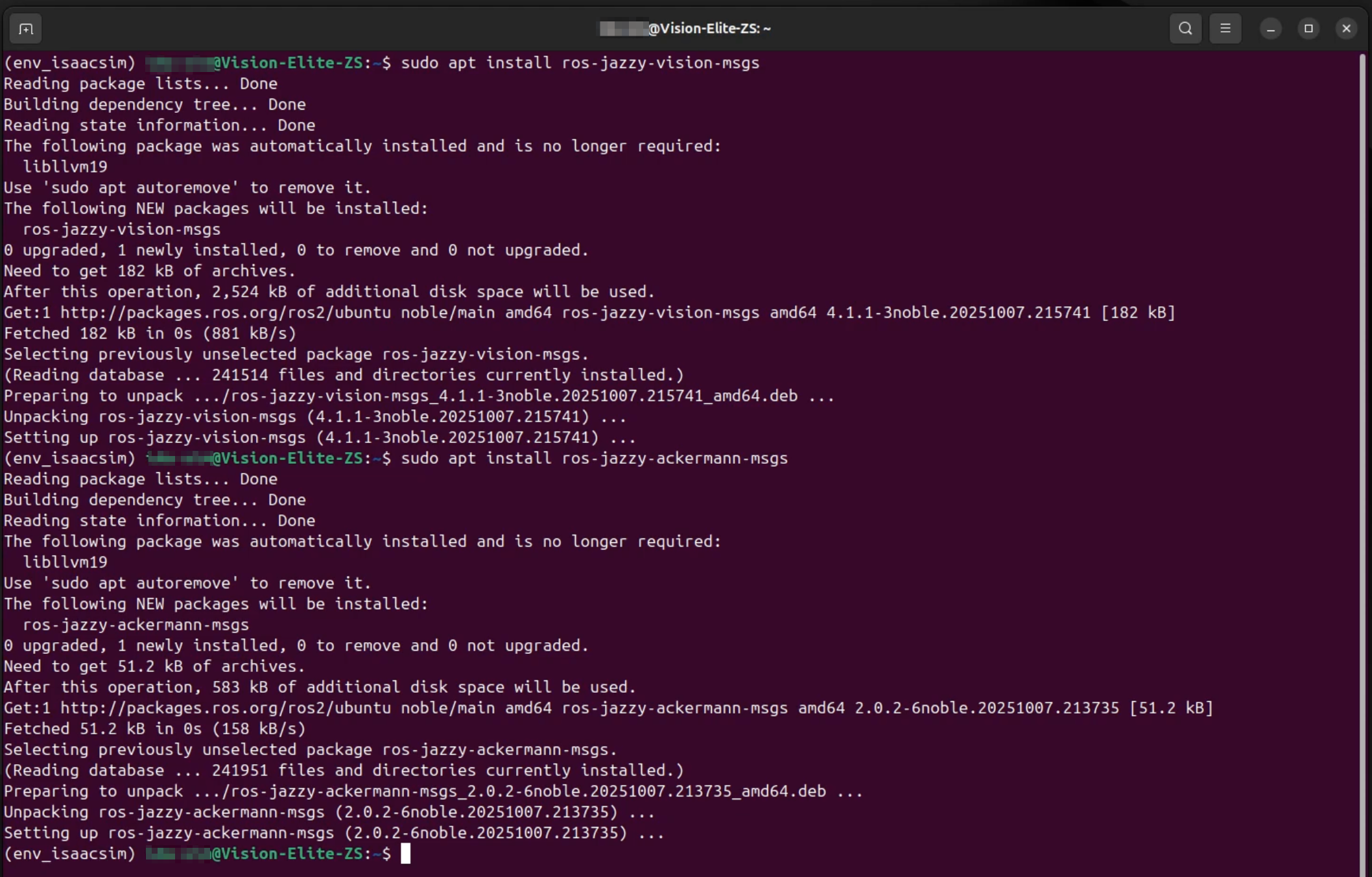Isaac Sim連携用ROS2追加パッケージインストール画面。ros-jazzy-vision-msgsとros-jazzy-ackermann-msgsパッケージのインストールが正常に完了している