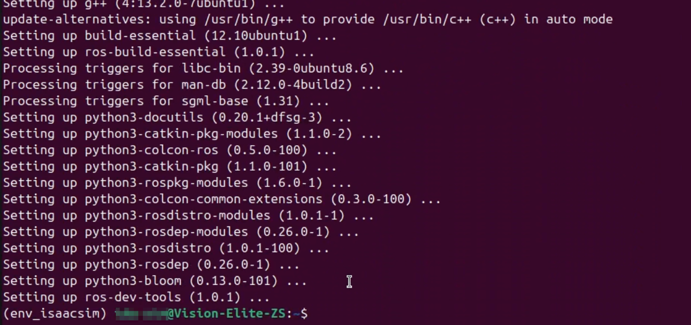 ROS2開発ツールインストール完了画面。全パッケージのインストールが正常に完了し、インストールされたパッケージ数と処理時間の統計情報が表示されている