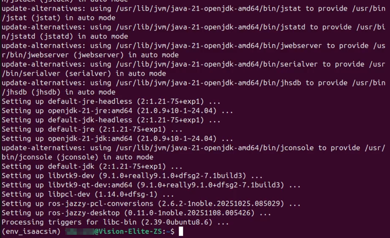 ROS2 Jazzy Desktopインストール完了画面。全パッケージのインストールが正常に完了し、インストールサイズと実行時間の統計情報が表示されている