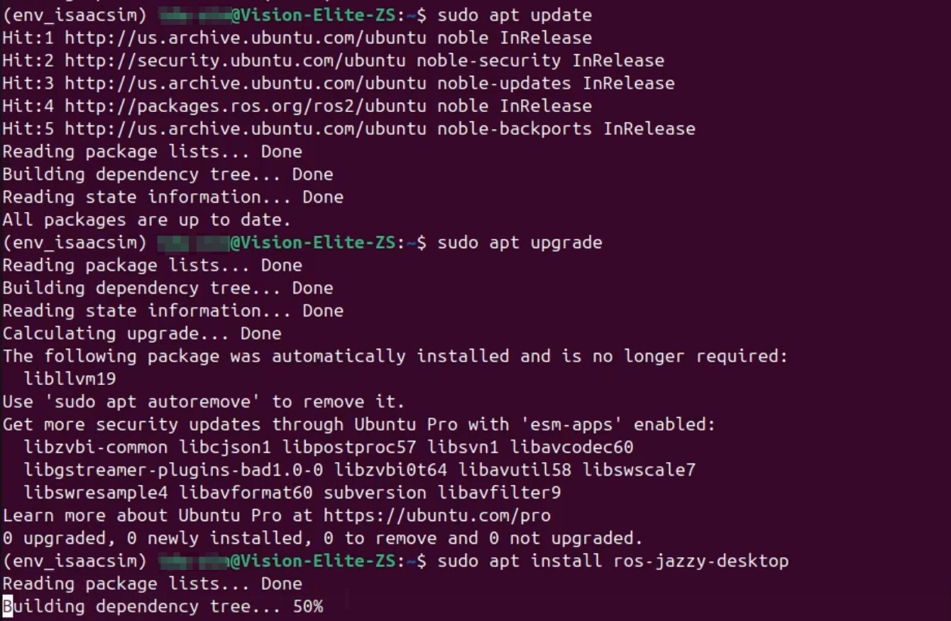 ROS2 Jazzy Desktopインストール開始画面。ros-jazzy-desktopパッケージとその膨大な依存関係パッケージのダウンロードとインストール処理が開始されている
