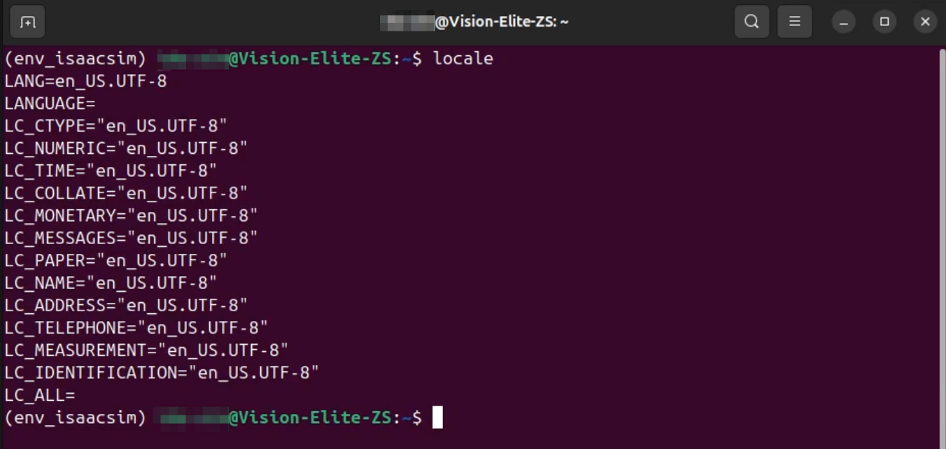 localeコマンドの実行結果。LANG、LC_ALL、LC_TIMEなどの各ロケール設定がen_US.UTF-8に正しく設定されていることが表示されている
