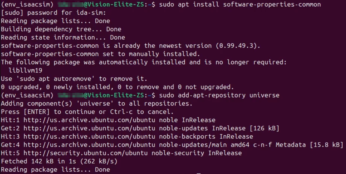 ROS2リポジトリ登録実行画面。software-properties-commonパッケージのインストール確認とuniverseリポジトリの追加処理が表示されている