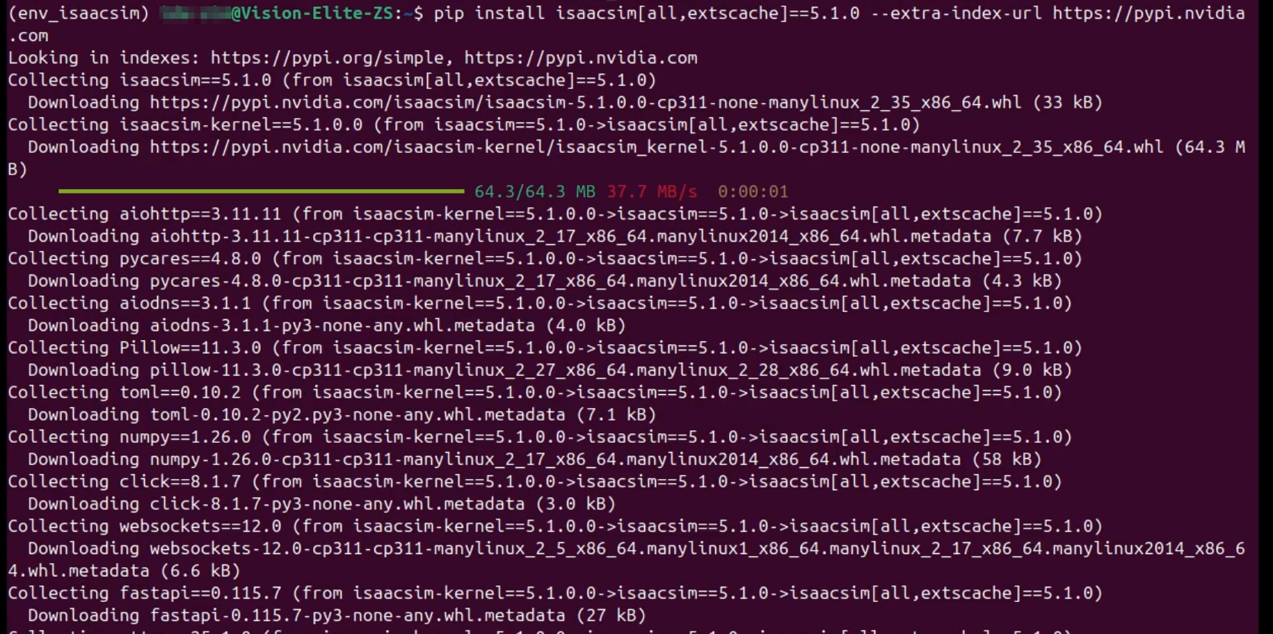Isaac Simインストール開始画面。pipコマンドでisaacsimパッケージのダウンロードが開始され、依存関係パッケージのリストが表示されている