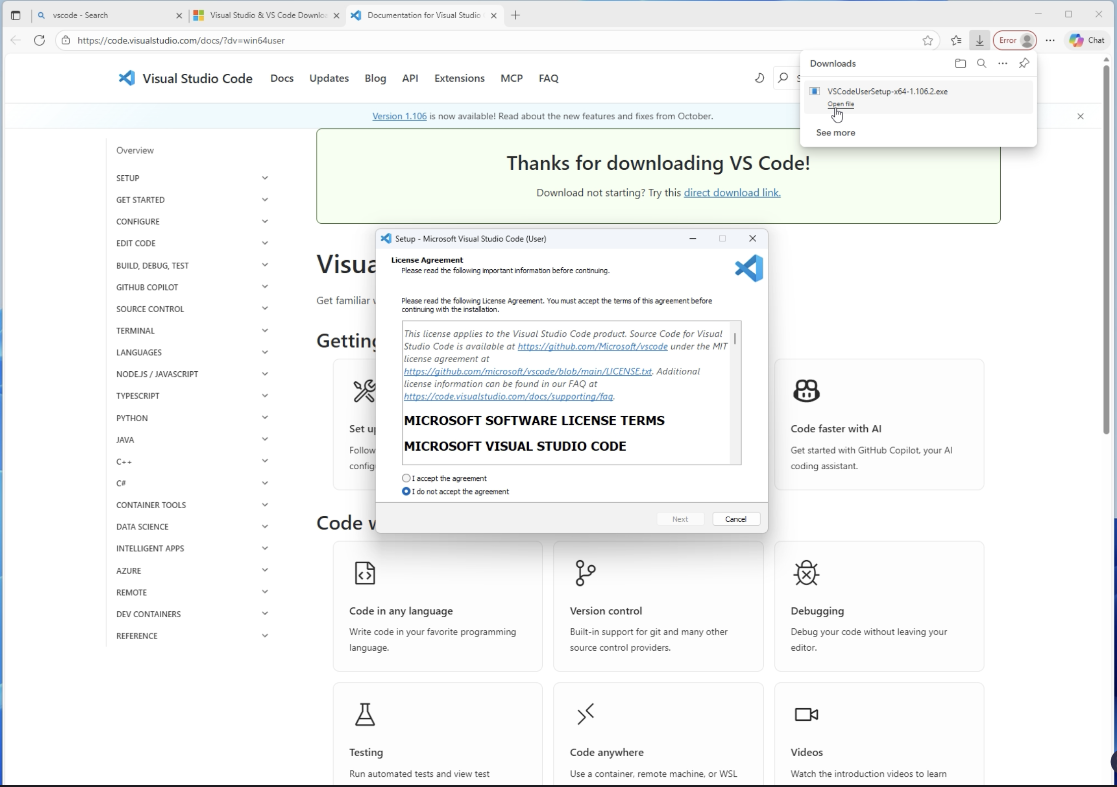 Visual Studio Codeのインストールウィザード画面。VS Codeのロゴと「Visual Studio Code Setup」のタイトルが表示され、インストール設定画面が開かれている。統合開発環境としてのVS CodeをWindowsにセットアップするための画面で、インストールオプションやエディタ設定の選択項目が表示されている状態