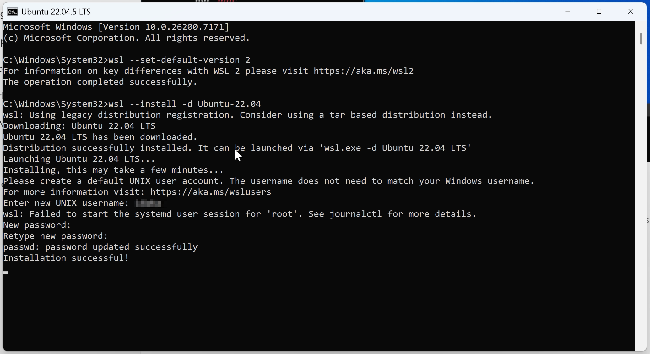 Ubuntu 22.04のWSLインストール画面。コマンドプロンプトでUbuntu-22.04のダウンロードとインストール進行状況が表示されており、初期セットアップとしてユーザー名とパスワードの設定を求められている状態。ターミナルにUbuntuのロゴとインストール完了メッセージが表示されている